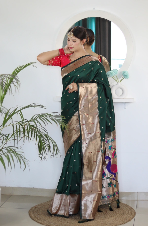 PAITHANI_HOUSE225 Soft Paithani Silk Saree Zari Weaving Motifs with Meenakari Border & Rich Tassel Pallu -PAITHANI - 2 - B Green