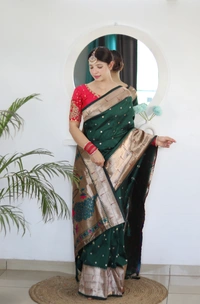 PAITHANI_HOUSE225 Soft Paithani Silk Saree Zari Weaving Motifs with Meenakari Border & Rich Tassel Pallu -PAITHANI - 2 - B Green