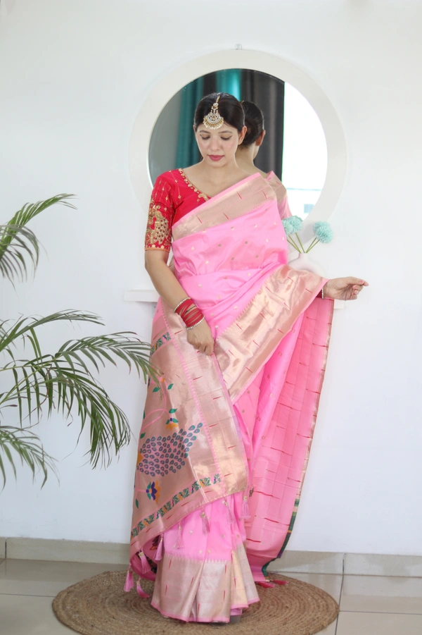 PAITHANI_HOUSE226 Soft Paithani Silk Saree Zari Weaving Motifs with Meenakari Border & Rich Tassel Pallu -PAITHANI - 3 - Baby Pink