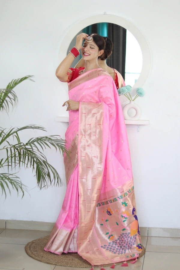 PAITHANI_HOUSE226 Soft Paithani Silk Saree Zari Weaving Motifs with Meenakari Border & Rich Tassel Pallu -PAITHANI - 3 - Baby Pink