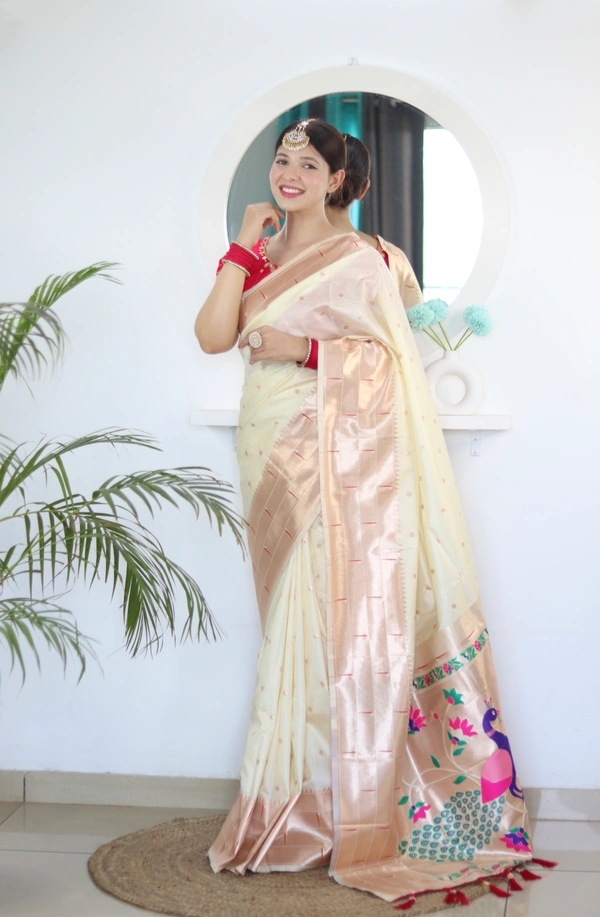 PAITHANI_HOUSE227 Soft Paithani Silk Saree Zari Weaving Motifs with Meenakari Border & Rich Tassel Pallu -PAITHANI - 4 - Cream