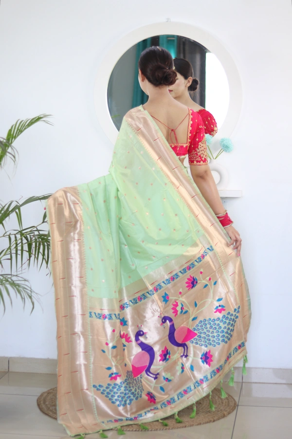 PAITHANI_HOUSE229 Soft Paithani Silk Saree Zari Weaving Motifs with Meenakari Border & Rich Tassel Pallu -PAITHANI - 6 - Pista