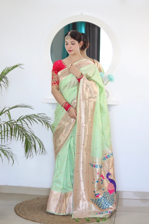 PAITHANI_HOUSE229 Soft Paithani Silk Saree Zari Weaving Motifs with Meenakari Border & Rich Tassel Pallu -PAITHANI - 6 - Pista