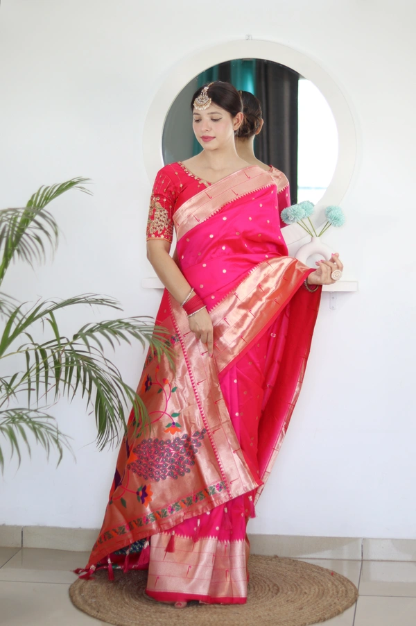 PAITHANI_HOUSE230 Soft Paithani Silk Saree Zari Weaving Motifs with Meenakari Border & Rich Tassel Pallu -PAITHANI - 7 - Rani Pink