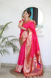 PAITHANI_HOUSE230 Soft Paithani Silk Saree Zari Weaving Motifs with Meenakari Border & Rich Tassel Pallu -PAITHANI - 7 - Rani Pink