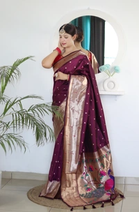 PAITHANI_HOUSE233 Soft Paithani Silk Saree Zari Weaving Motifs with Meenakari Border & Rich Tassel Pallu -PAITHANI - 10 - Wine