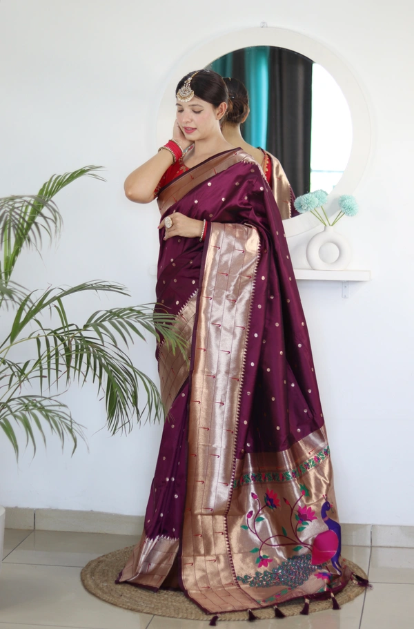 PAITHANI_HOUSE233 Soft Paithani Silk Saree Zari Weaving Motifs with Meenakari Border & Rich Tassel Pallu -PAITHANI - 10 - Wine