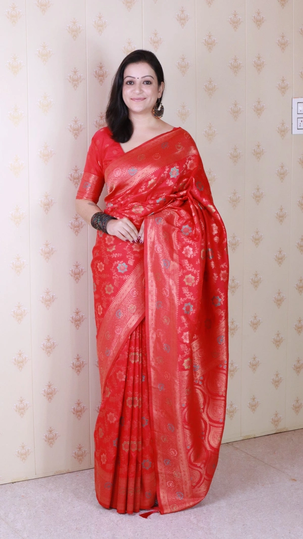 Soft Silk Dusty Saree with Zigzag Motifs & Floral Zari Border