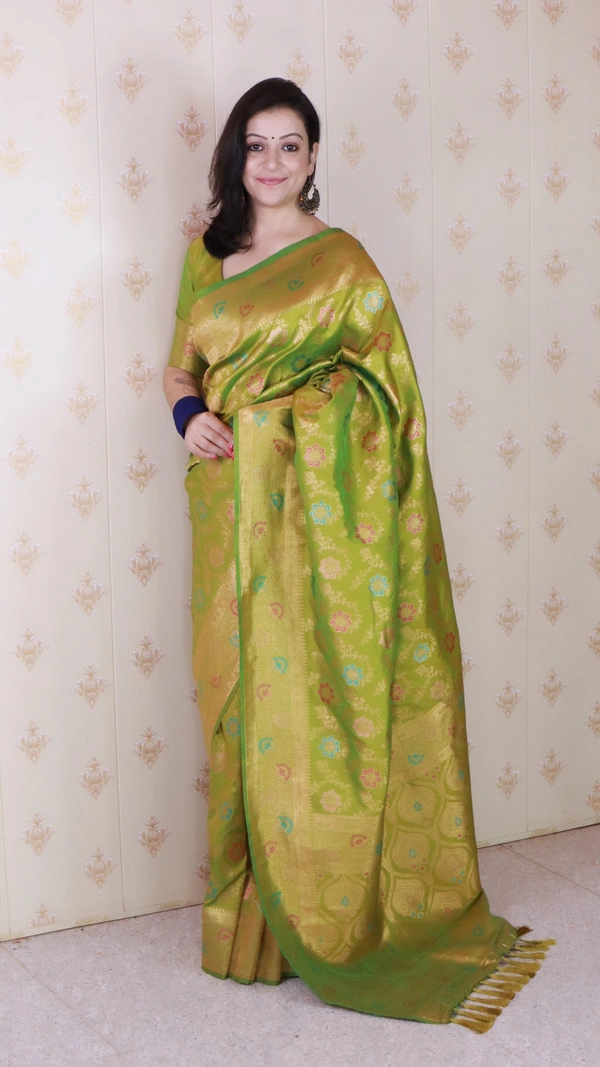 Soft Silk Dusty Saree with Zigzag Motifs & Floral Zari Border