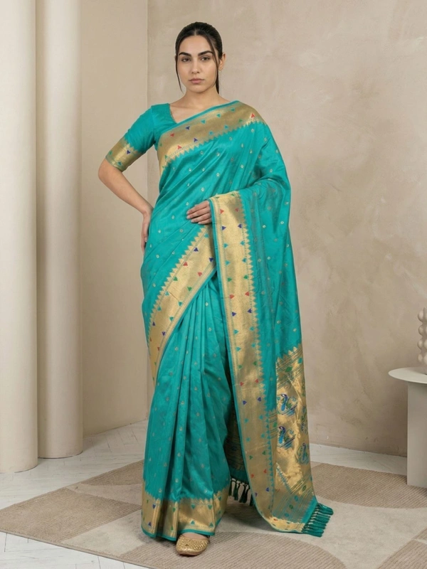Soft Silk Paithani Saree with Gold Zari Tilak Meenakari Motifs and Temple Border