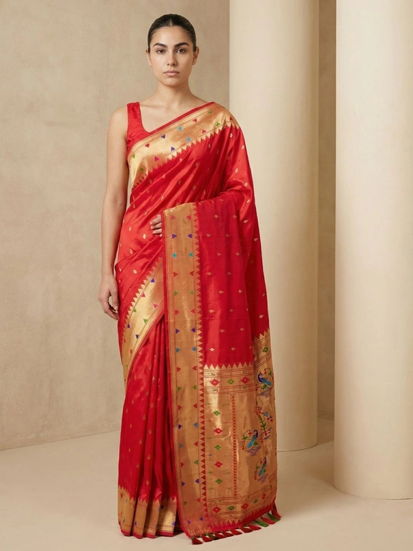 Soft Silk Paithani Saree with Gold Zari Tilak Meenakari Motifs and Temple Border