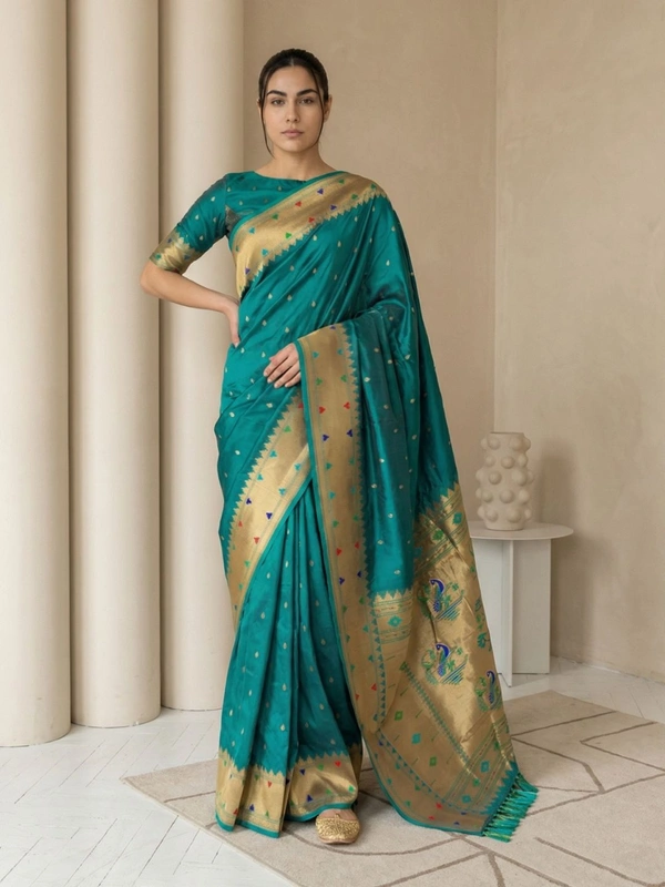 Soft Silk Paithani Saree with Gold Zari Tilak Meenakari Motifs and Temple Border