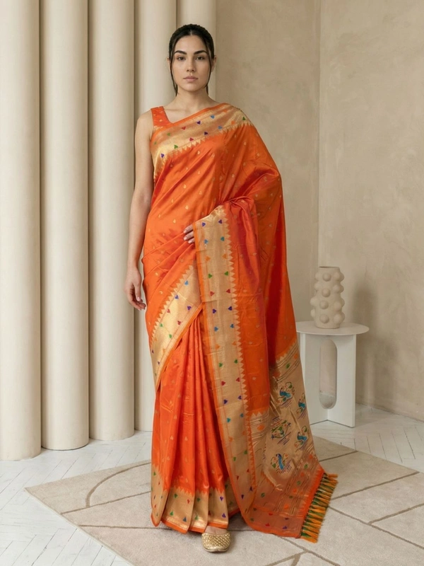 Soft Silk Paithani Saree with Gold Zari Tilak Meenakari Motifs and Temple Border