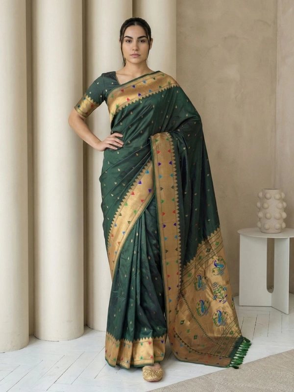 Soft Silk Paithani Saree with Gold Zari Tilak Meenakari Motifs and Temple Border
