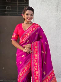 Soft Silk Paithani Saree with Traditional Nandi Cow Motifs & Satin Lotus Border - FREE, MAGENTA