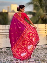 Soft Silk Paithani Saree with Traditional Nandi Cow Motifs & Satin Lotus Border - FREE, MAGENTA