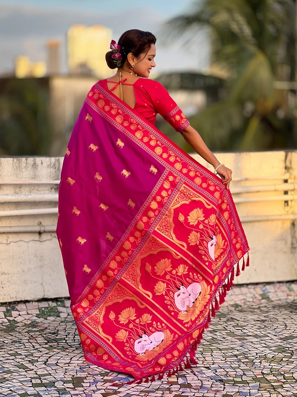 Soft Silk Paithani Saree with Traditional Nandi Cow Motifs & Satin Lotus Border - FREE, MAGENTA