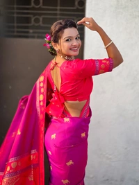 Soft Silk Paithani Saree with Traditional Nandi Cow Motifs & Satin Lotus Border - FREE, MAGENTA