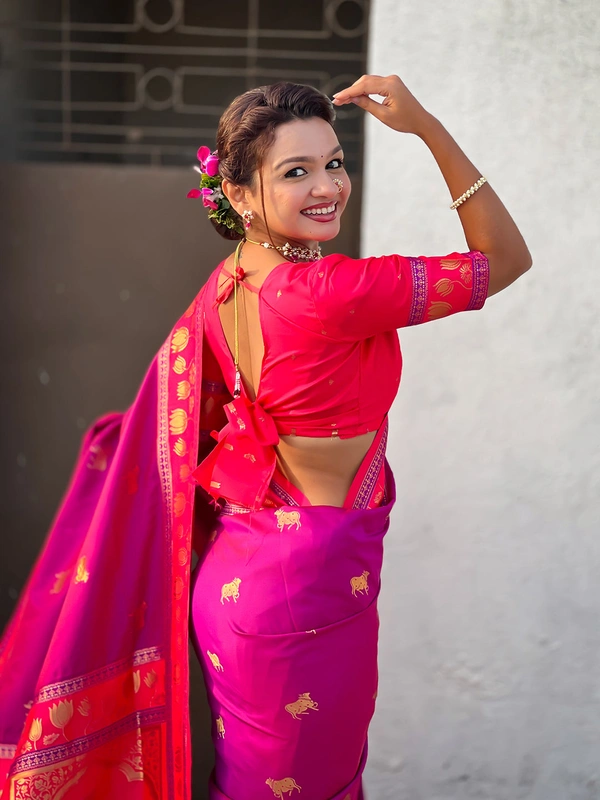 Soft Silk Paithani Saree with Traditional Nandi Cow Motifs & Satin Lotus Border - FREE, MAGENTA