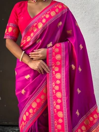 Soft Silk Paithani Saree with Traditional Nandi Cow Motifs & Satin Lotus Border - FREE, MAGENTA