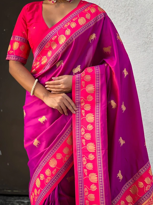 Soft Silk Paithani Saree with Traditional Nandi Cow Motifs & Satin Lotus Border - FREE, MAGENTA