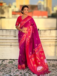 Soft Silk Paithani Saree with Traditional Nandi Cow Motifs & Satin Lotus Border - FREE, MAGENTA