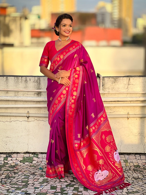 Soft Silk Paithani Saree with Traditional Nandi Cow Motifs & Satin Lotus Border - FREE, MAGENTA