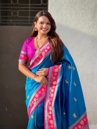 Soft Silk Paithani Saree with Traditional Nandi Cow Motifs & Satin Lotus Border - FREE, RAMA
