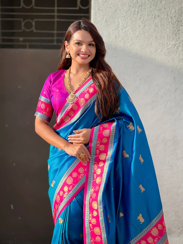 Soft Silk Paithani Saree with Traditional Nandi Cow Motifs & Satin Lotus Border - FREE, RAMA
