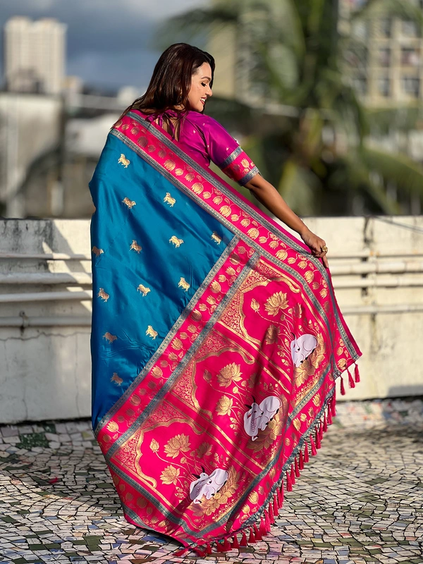Soft Silk Paithani Saree with Traditional Nandi Cow Motifs & Satin Lotus Border - FREE, RAMA