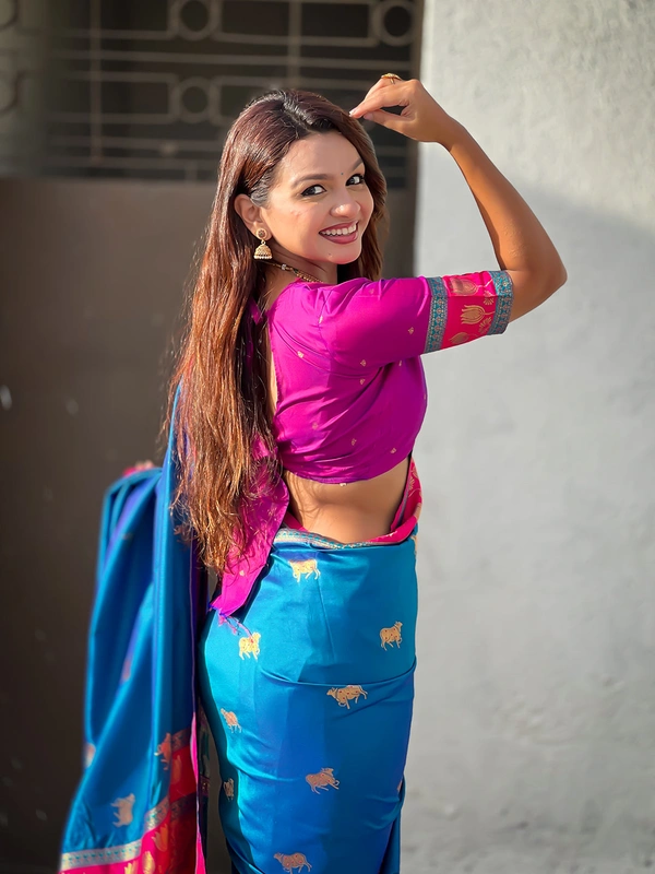 Soft Silk Paithani Saree with Traditional Nandi Cow Motifs & Satin Lotus Border - FREE, RAMA