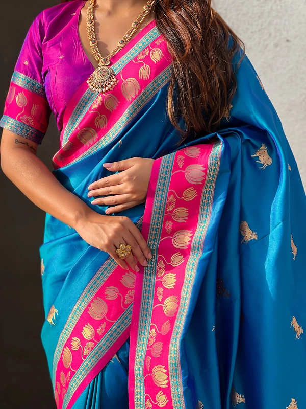 Soft Silk Paithani Saree with Traditional Nandi Cow Motifs & Satin Lotus Border - FREE, RAMA