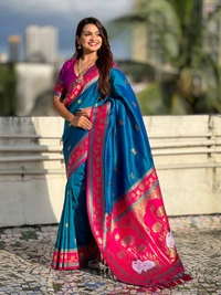 Soft Silk Paithani Saree with Traditional Nandi Cow Motifs & Satin Lotus Border - FREE, RAMA
