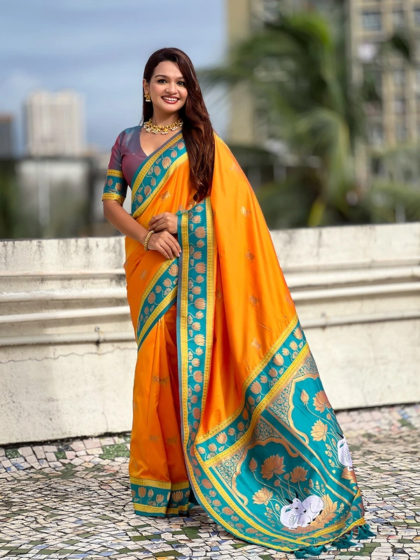 Soft Silk Paithani Saree with Traditional Nandi Cow Motifs & Satin Lotus Border