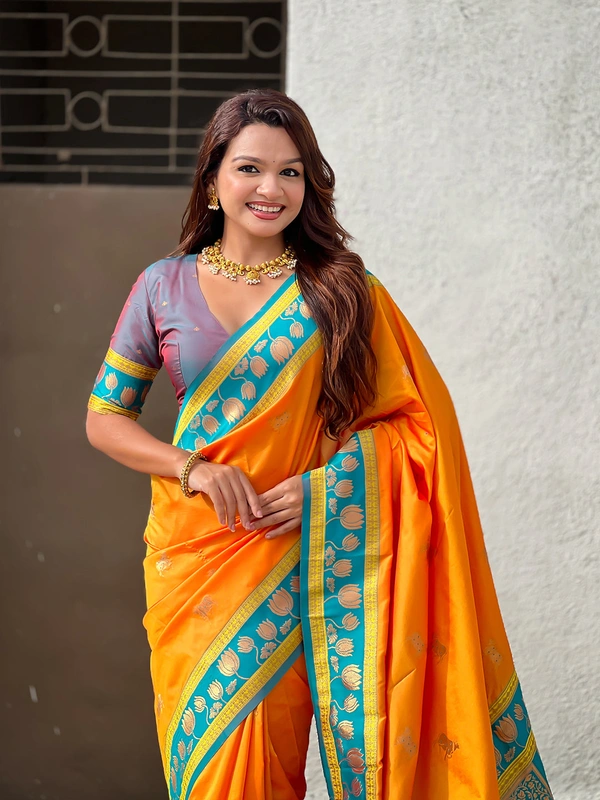 Soft Silk Paithani Saree with Traditional Nandi Cow Motifs & Satin Lotus Border - FREE, ORANGE