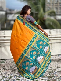 Soft Silk Paithani Saree with Traditional Nandi Cow Motifs & Satin Lotus Border - FREE, ORANGE