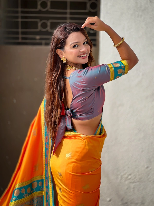 Soft Silk Paithani Saree with Traditional Nandi Cow Motifs & Satin Lotus Border - FREE, ORANGE