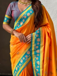 Soft Silk Paithani Saree with Traditional Nandi Cow Motifs & Satin Lotus Border - FREE, ORANGE