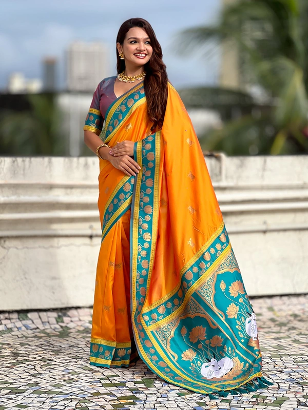 Soft Silk Paithani Saree with Traditional Nandi Cow Motifs & Satin Lotus Border - FREE, ORANGE