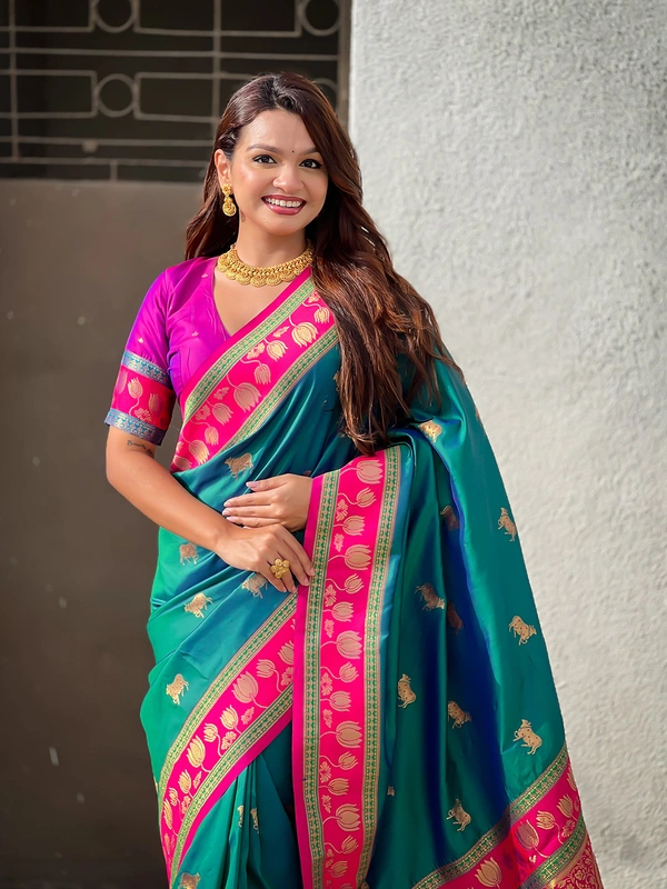 Soft Silk Paithani Saree with Traditional Nandi Cow Motifs & Satin Lotus Border - FREE, GREEN