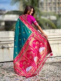 Soft Silk Paithani Saree with Traditional Nandi Cow Motifs & Satin Lotus Border - FREE, GREEN