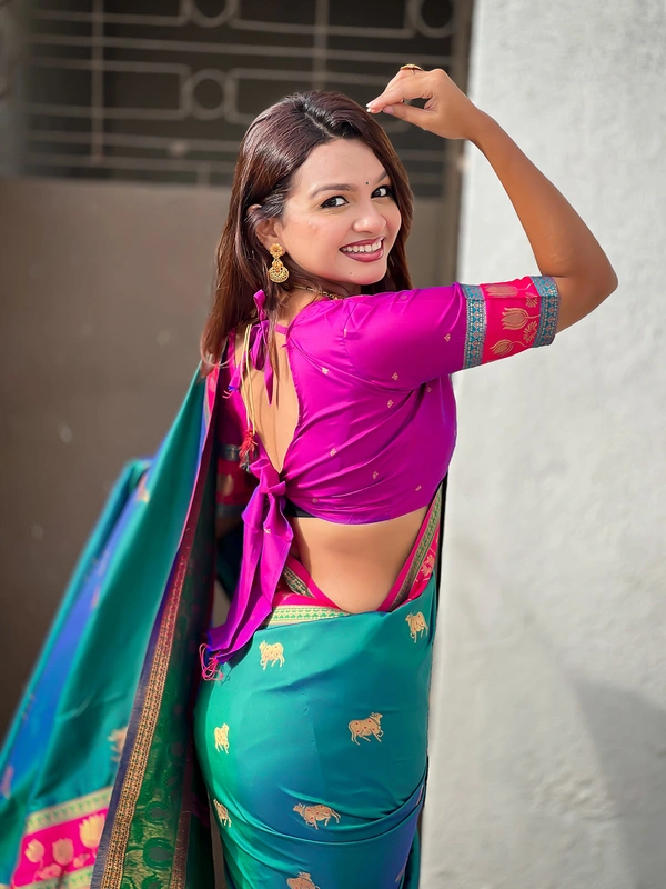 Soft Silk Paithani Saree with Traditional Nandi Cow Motifs & Satin Lotus Border - FREE, GREEN