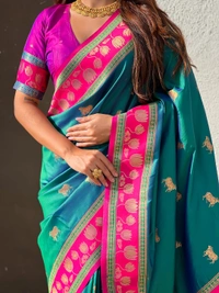 Soft Silk Paithani Saree with Traditional Nandi Cow Motifs & Satin Lotus Border - FREE, GREEN