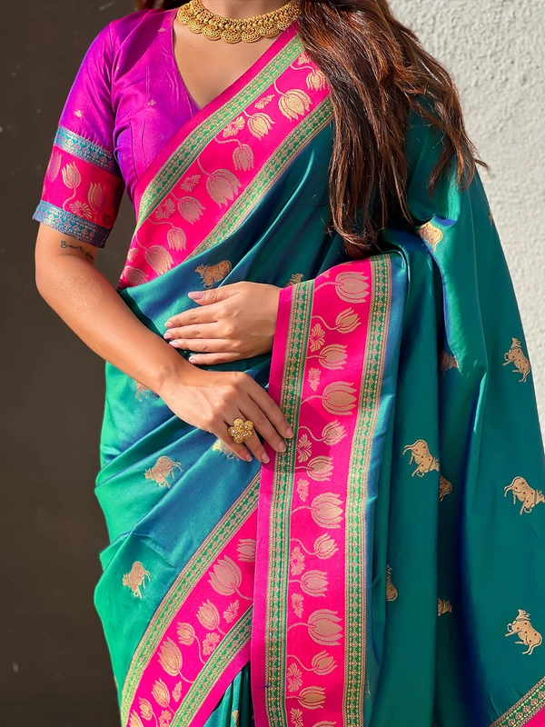 Soft Silk Paithani Saree with Traditional Nandi Cow Motifs & Satin Lotus Border - FREE, GREEN
