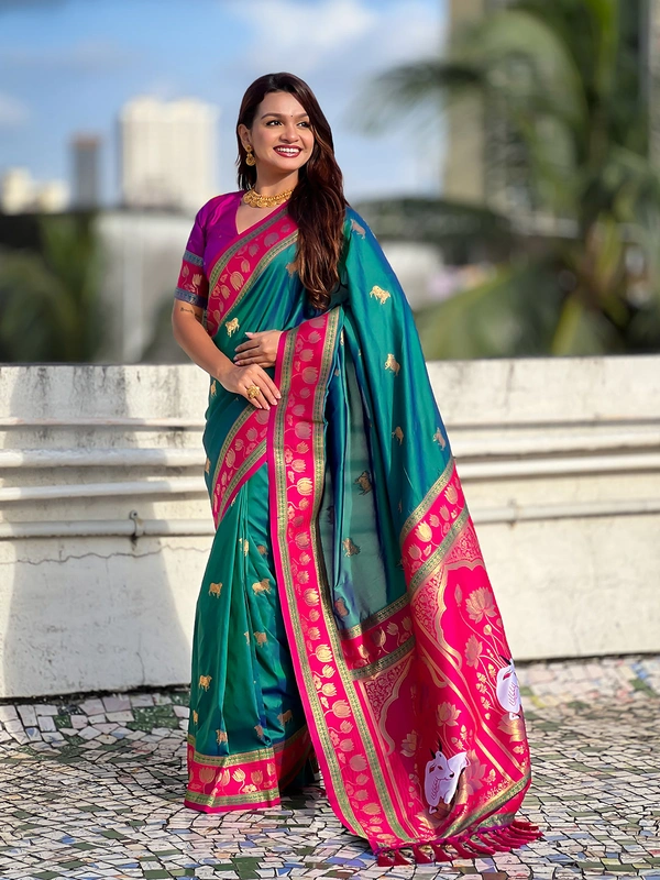 Soft Silk Paithani Saree with Traditional Nandi Cow Motifs & Satin Lotus Border - FREE, GREEN