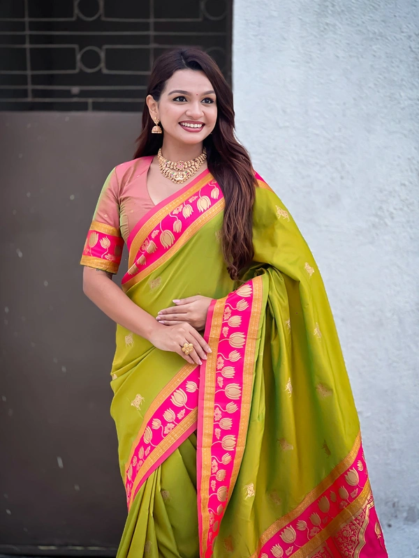 Soft Silk Paithani Saree with Traditional Nandi Cow Motifs & Satin Lotus Border - FREE, MEHENDI