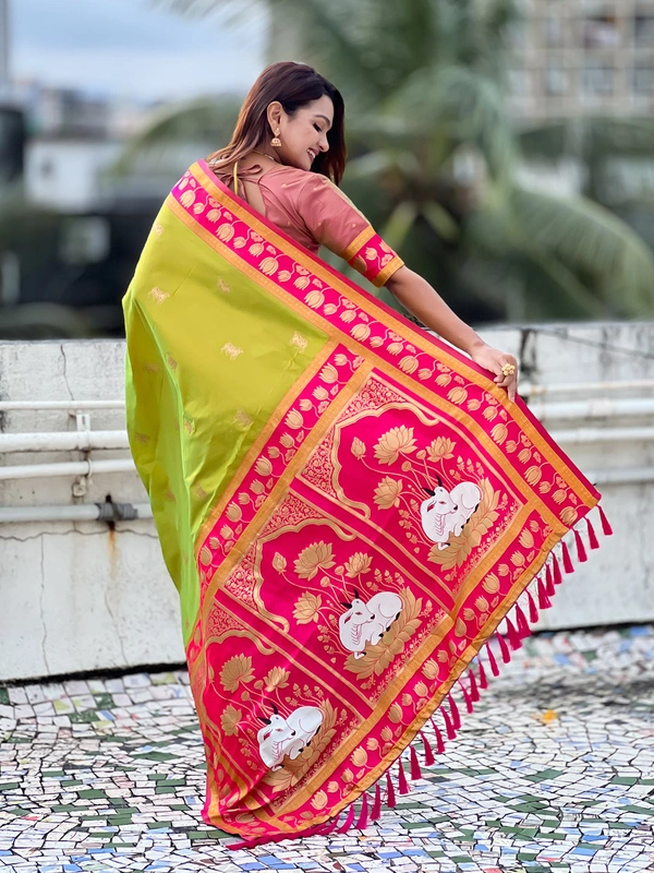Soft Silk Paithani Saree with Traditional Nandi Cow Motifs & Satin Lotus Border - FREE, MEHENDI