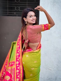 Soft Silk Paithani Saree with Traditional Nandi Cow Motifs & Satin Lotus Border - FREE, MEHENDI