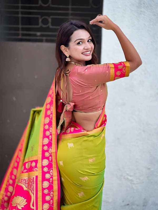 Soft Silk Paithani Saree with Traditional Nandi Cow Motifs & Satin Lotus Border - FREE, MEHENDI