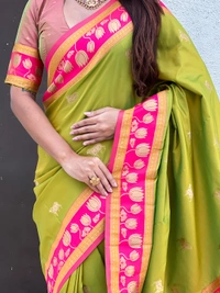 Soft Silk Paithani Saree with Traditional Nandi Cow Motifs & Satin Lotus Border - FREE, MEHENDI